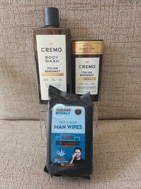 Cremo Italian Bergamot Men's Grooming Gift Set | Body Wash, Deodorant, Man Wipes